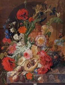 Irises, Peonies, Roses And Other Flowers Surrounding A Terracotta Urn, With A Birds' Nest, Grapes And Plums