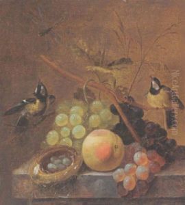 A Still Life Of Grapes, A Peach And A Dragonfly, Together With Blue Tits And A Bird's Nest, Arranged Upon A Marble Ledge