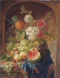 Melons, Grapes, A Lemon, Peaches, Plums, Cherries, White Currants, Gooseberries, A Bird's Nest And Other Things On A Draped Marble Ledge