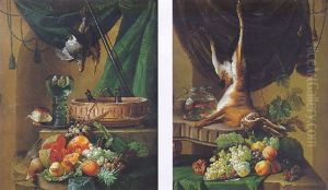 Nature Morte Avec Fruits, Lievre, Bocal De Poissons Rouges Contre Une Niche De Pierre Ornee D'une Draperie Brune
