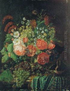 Nature Morte Au Bouquet De Fleurs, Raisins Et Nid D'oiseau Sur Un Entablement by Johannes Hendrik Fredriks