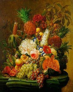 Nature Morte De Fleurs Et De Fruits Sur Un Entablement De Marbre
