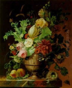 Roses, Tulip, A Peony And Other Flowers On A Marble Pedestal