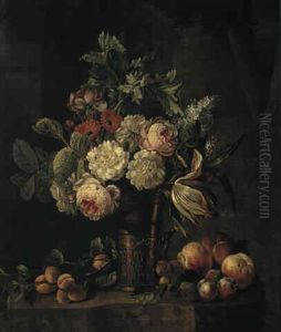 Still Life Of Roses, A Tulip, Marigolds And Lilac In A Gilt Beaker With Peaches, Plums And Apricots On A Marble Ledge by Johannes Hendrik Fredriks