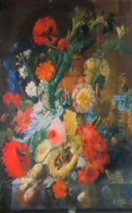 Irises, Peonies, Roses, Morning Glory And Other Flowers     Surrounding A Terracotta Urn, With Grapes, Plums, ...