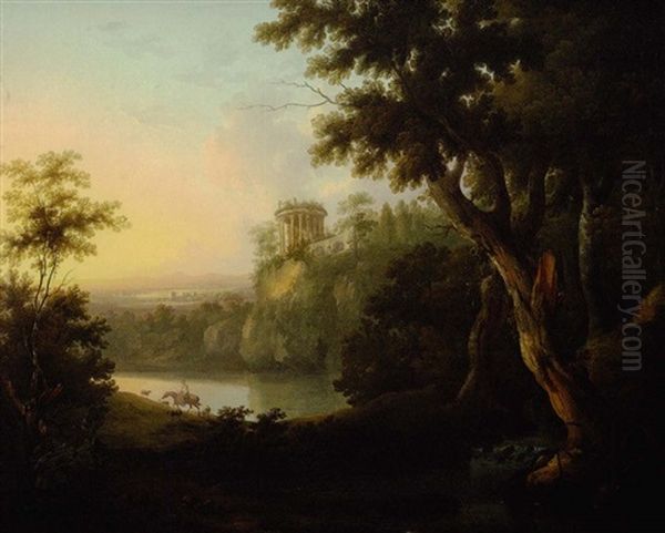 View Of Lake Avernus With Shepherdess On Horseback And Classical Ruins Beyond - view 1