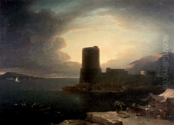 A Mediterranean Harbour With Fishermen Approaching A Martello Tower And Other Figures In Conversation On A Quay - view 1