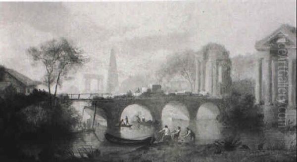 Figures Repairing A Bridge, Classical Style Ruins Beyond - view 1