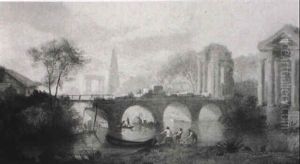 Figures Repairing A Bridge, Classical Style Ruins Beyond by Robert Freebairn
