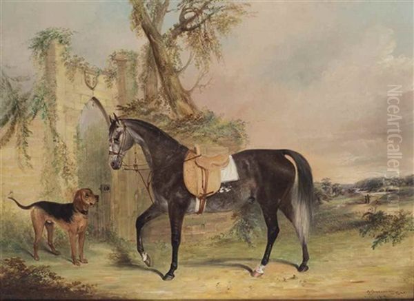 Hunter Selle Et Chien De Chasse Devant Des Ruines Dans Un Paysage Avec Des Figures Et Une Eglise A L'arriere-plan - view 1