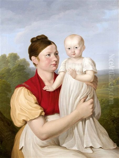 3/4-profil Einer Jungen Mutter Mit Ihrem Kind Vor Einer Landschaft - view 1