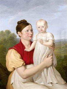 3/4-profil Einer Jungen Mutter Mit Ihrem Kind Vor Einer Landschaft by Frederic Fregevize
