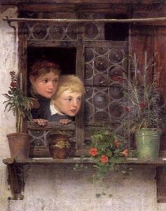 Zwei Kinder Am Fenster Des Alten Bauernhauses Mit Blumentopfen Auf Dem Sims Zwei Kinder Am Fenster Des Alten Bauernhauses Mit Blumentopfen Auf Dem Sims