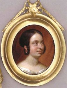 Queen Victoria In White Dress, Drop Pearl Earring, Her Centre-parted Brown Hair Dressed In Plaits And Tied In A Bun