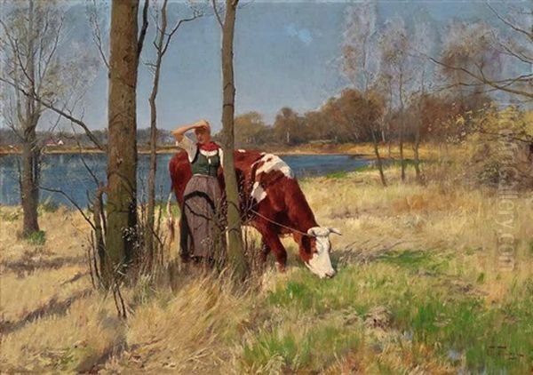 Madchen Mit Kuh In Weiter Seenlandschaft - view 1