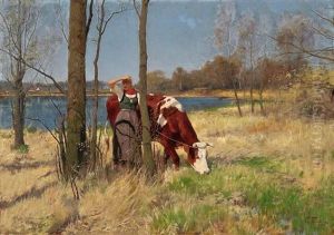 Madchen Mit Kuh In Weiter Seenlandschaft by Oskar Frenzel