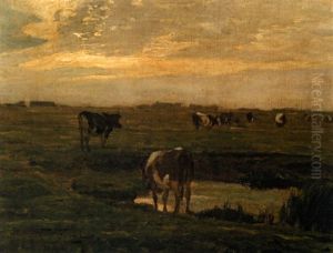 Cattle By A Pond At Sunset by Oskar Frenzel