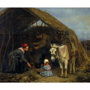 Familie In Einer Strohhutte by Charles Edouard Frere