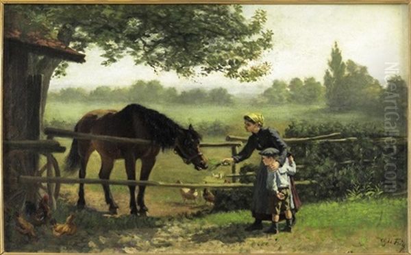 Young Girl Feeding A Horse by Charles Edouard Frere