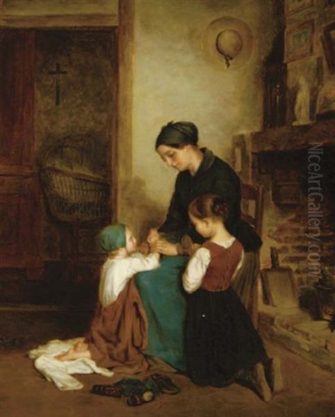 A Mother And Her Two Children Saying Their Prayers - view 1