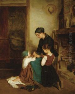 A Mother And Her Two Children Saying Their Prayers by Charles Edouard Frere