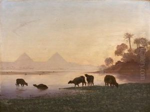 Vaches S'abreuvant Dans Le Nil Au Pied Des Pyramides by Charles Theodore Frere