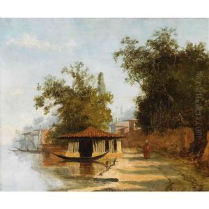 Personnage Au Bord Du Nil Et A L'ombre De Grands Arbres, Avec Kiosque Et Felouque, Minaret En Arriere Plan by Charles Theodore Frere