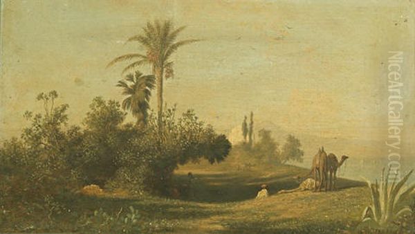 L'oasis And Caravane Traversant Un Desert (pair) - view 1