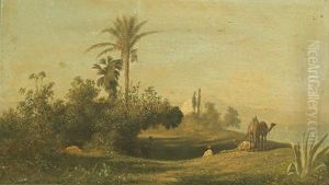 L'oasis And Caravane Traversant Un Desert (pair) by Charles Theodore Frere
