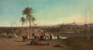 A Camel Train At An Oasis, Cairo Beyond by Charles Theodore Frere