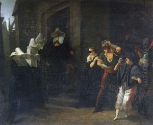 Personnages Masques Passant Devant Des Religieuses by Charles Theodore Frere