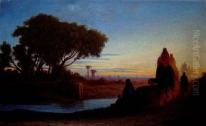 La Caravane Quittant Le Caire Au Coucher Du Soleil by Charles Theodore Frere