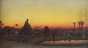 La Caravane Pres Du Caire, Soleil Couchant by Charles Theodore Frere
