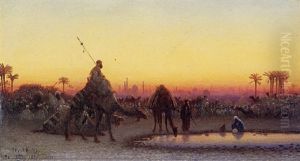Camels At A Watering Hole Outside Cairo by Charles Theodore Frere