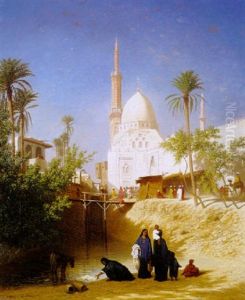 Lavandieres Et Mosquee Aux Environs Du Caire by Charles Theodore Frere