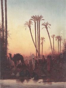 An Open Courtyard With Numerous Figures Gathered Around A Well by Charles Theodore Frere