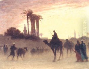 Arabs Herding Cattle Before A Town