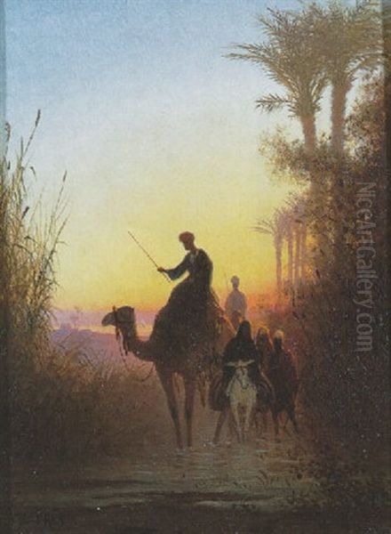 A Caravan Entering An Oasis At Sunset - view 1