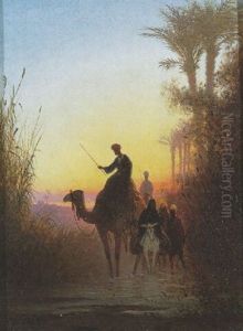 A Caravan Entering An Oasis At Sunset