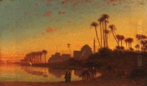 A Caravan Resting In An Oasis At Sunset