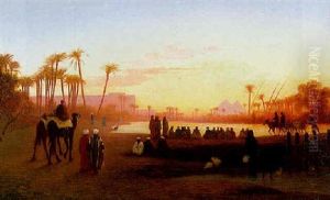 Figures In The Banks Of The River Nile At Gizeh, Evening by Charles Theodore Frere