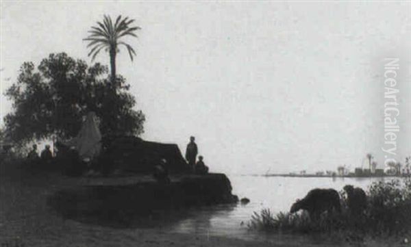 Campement Et Buffles Au Bord Du Nil, Soleil Couchant - view 1