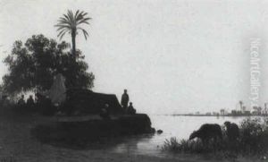 Campement Et Buffles Au Bord Du Nil, Soleil Couchant