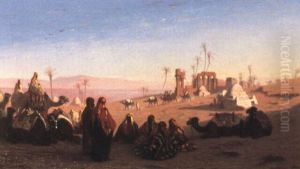 Halte De Chameliers Aux Ruines D'hermonthis En Haute Egypte by Charles Theodore Frere