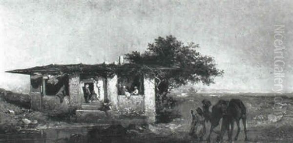 An Arab Watering Camels At A Pool - view 1