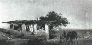 An Arab Watering Camels At A Pool by Charles Theodore Frere