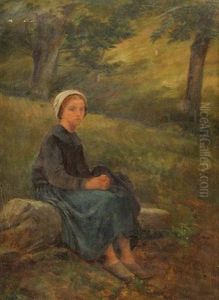 Jeune Fille Assise Sur Un Rocher by Pierre Edouard Frere