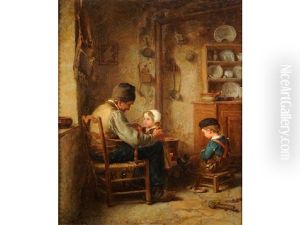 Age And Innocence, Cottage Interior With Children And Their Grandfather