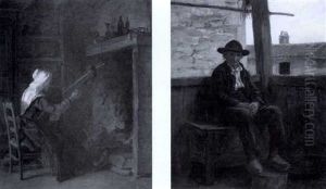 A Flemish Woman Weaving In Front Of A Fire (+ An Old Flemish Peasant Seated On A Balcony, 1869; 2 Works) A Flemish Woman Weaving In Front Of A Fire (+ An Old Flemish Peasant Seated On A Balcony, 1869; 2 Works)