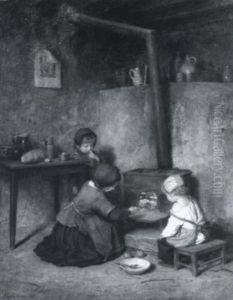 Tending The Fire / A Genre Scene With Children by Pierre Edouard Frere